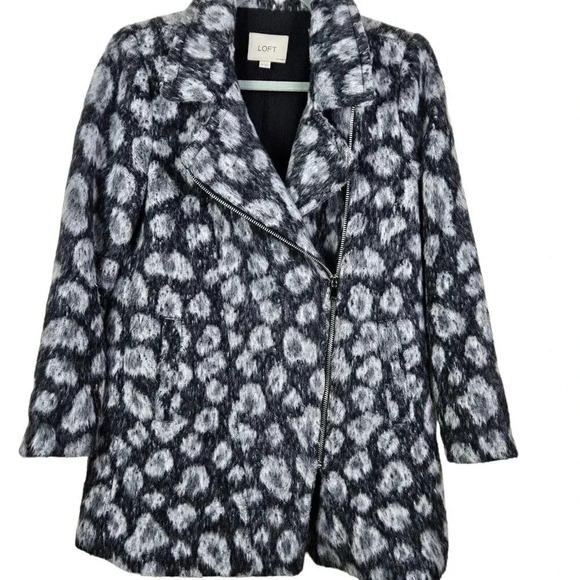 Loft Womens Gray‎ Leopard Spotted Moto Coat Asymmetric Zip Wool Blend size SP - Picture 1 of 11